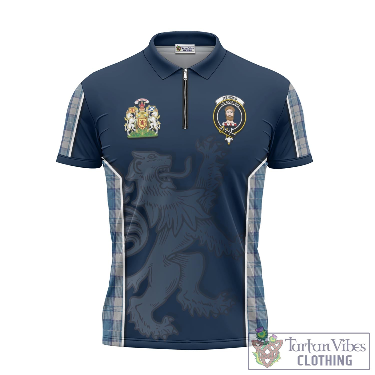 Tartan Vibes Clothing Menzies Dress Blue and White Tartan Zipper Polo Shirt with Family Crest and Lion Rampant Vibes Sport Style