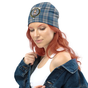 Menzies Dress Blue and White Tartan Beanies Hat with Family Crest