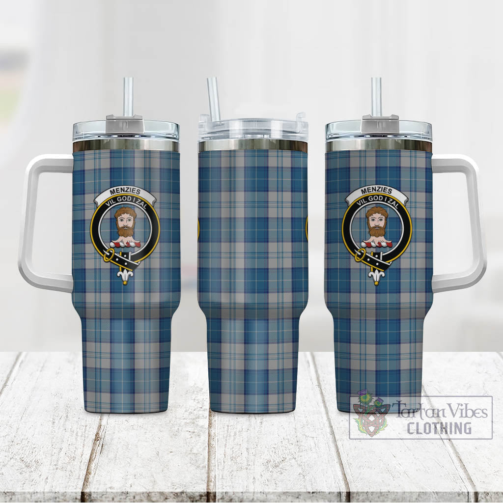 Tartan Vibes Clothing Menzies Dress Blue and White Tartan and Family Crest Tumbler with Handle