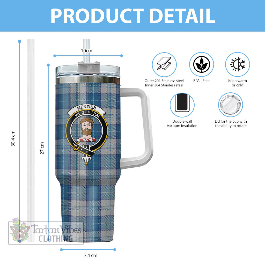 Tartan Vibes Clothing Menzies Dress Blue and White Tartan and Family Crest Tumbler with Handle