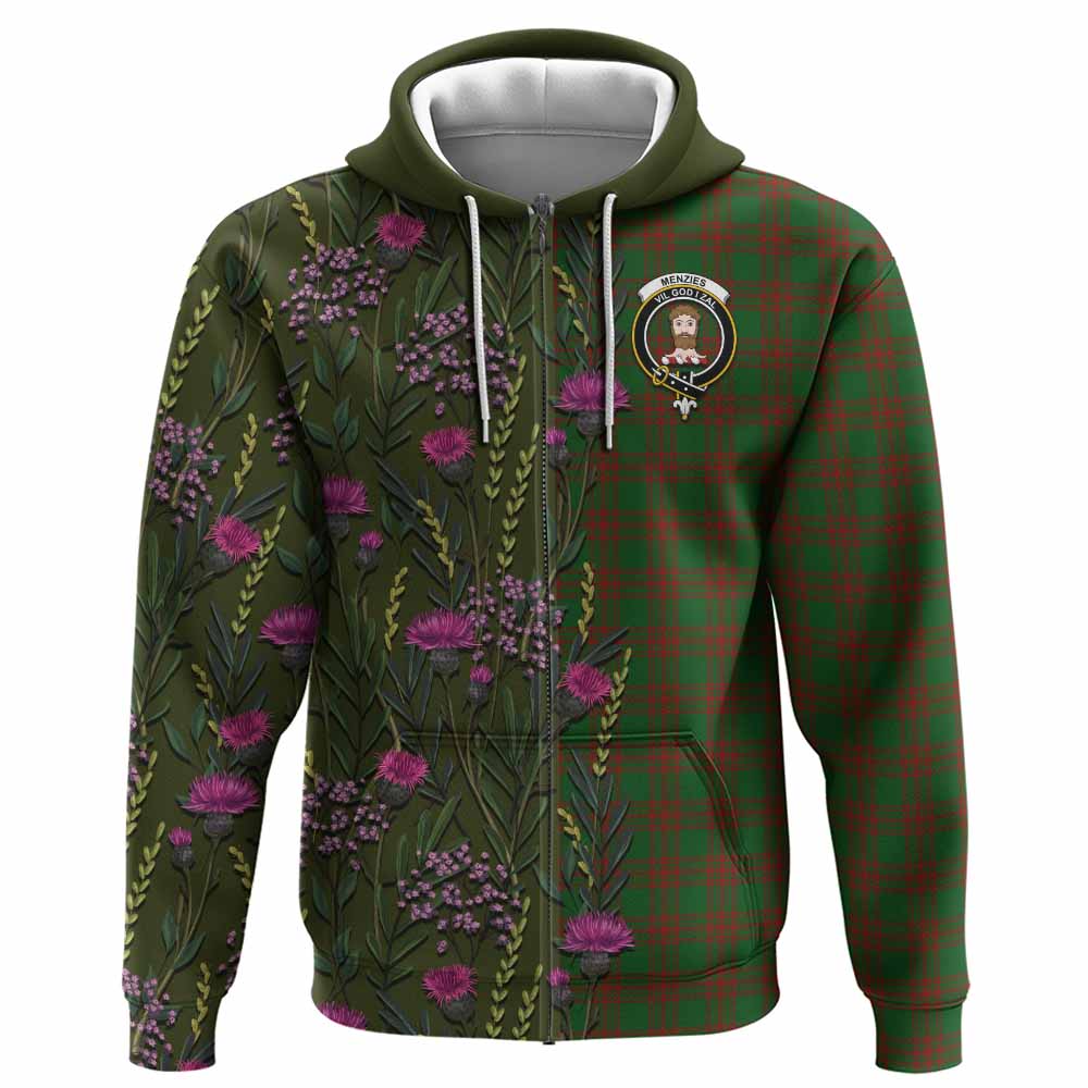 Menzies Family Crest Tartan Hoodie Scottish Thistle Flower Pattern Half Style - Tartan Vibes Clothing