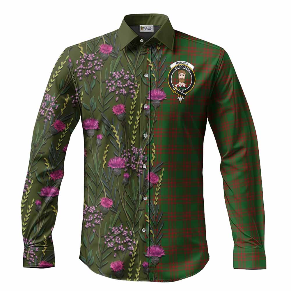 Menzies Family Crest Tartan Long Sleeve Button Shirts Scottish Thistle Flower Pattern Half Style - Tartan Vibes Clothing