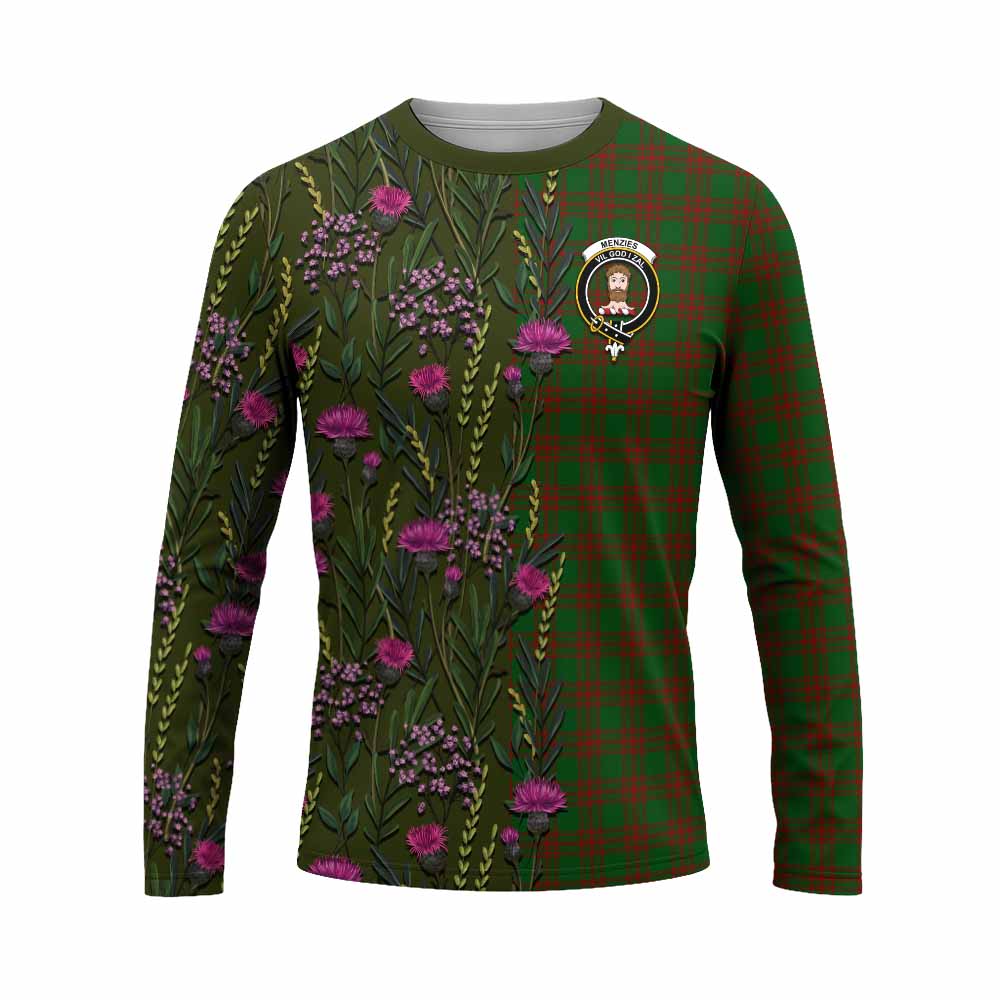 Menzies Family Crest Tartan Long Sleeve T-Shirt Scottish Thistle Flower Pattern Half Style - Tartan Vibes Clothing