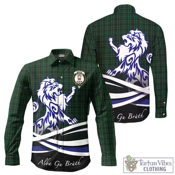 Menzies Green Tartan Long Sleeve Button Up Shirt with Alba Gu Brath Regal Lion Emblem