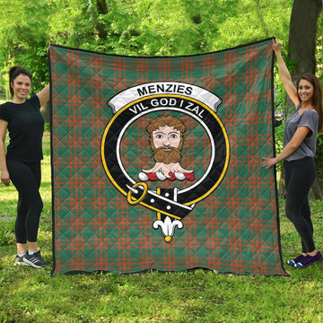 Menzies Green Ancient Tartan Quilt with Family Crest