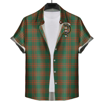 Menzies Green Ancient Tartan Short Sleeve Button Down Shirt with Family Crest