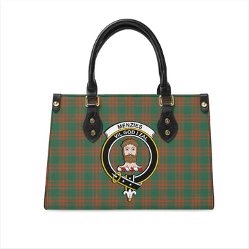 Menzies Green Ancient Tartan Leather Bag with Family Crest