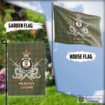 Menzies Green Ancient Tartan Flag with Clan Crest and the Golden Sword of Courageous Legacy