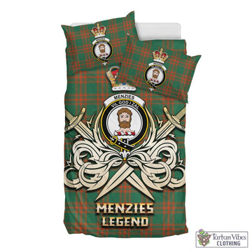 Menzies Green Ancient Tartan Bedding Set with Clan Crest and the Golden Sword of Courageous Legacy