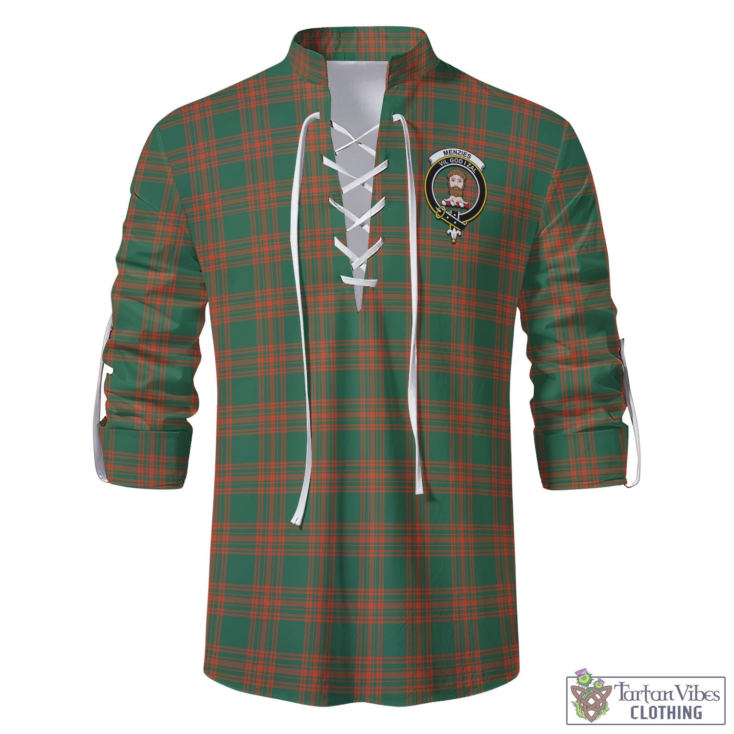 Tartan Vibes Clothing Menzies Green Ancient Tartan Men's Scottish Traditional Jacobite Ghillie Kilt Shirt with Family Crest