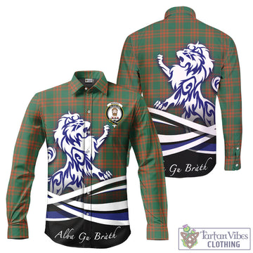 Menzies Green Ancient Tartan Long Sleeve Button Up Shirt with Alba Gu Brath Regal Lion Emblem