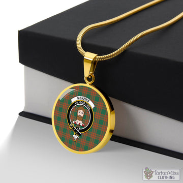 Menzies Green Ancient Tartan Circle Necklace with Family Crest