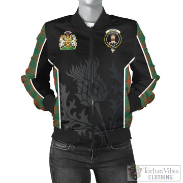 Menzies Green Ancient Tartan Bomber Jacket with Family Crest and Scottish Thistle Vibes Sport Style