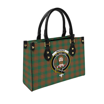 Menzies Green Ancient Tartan Leather Bag with Family Crest