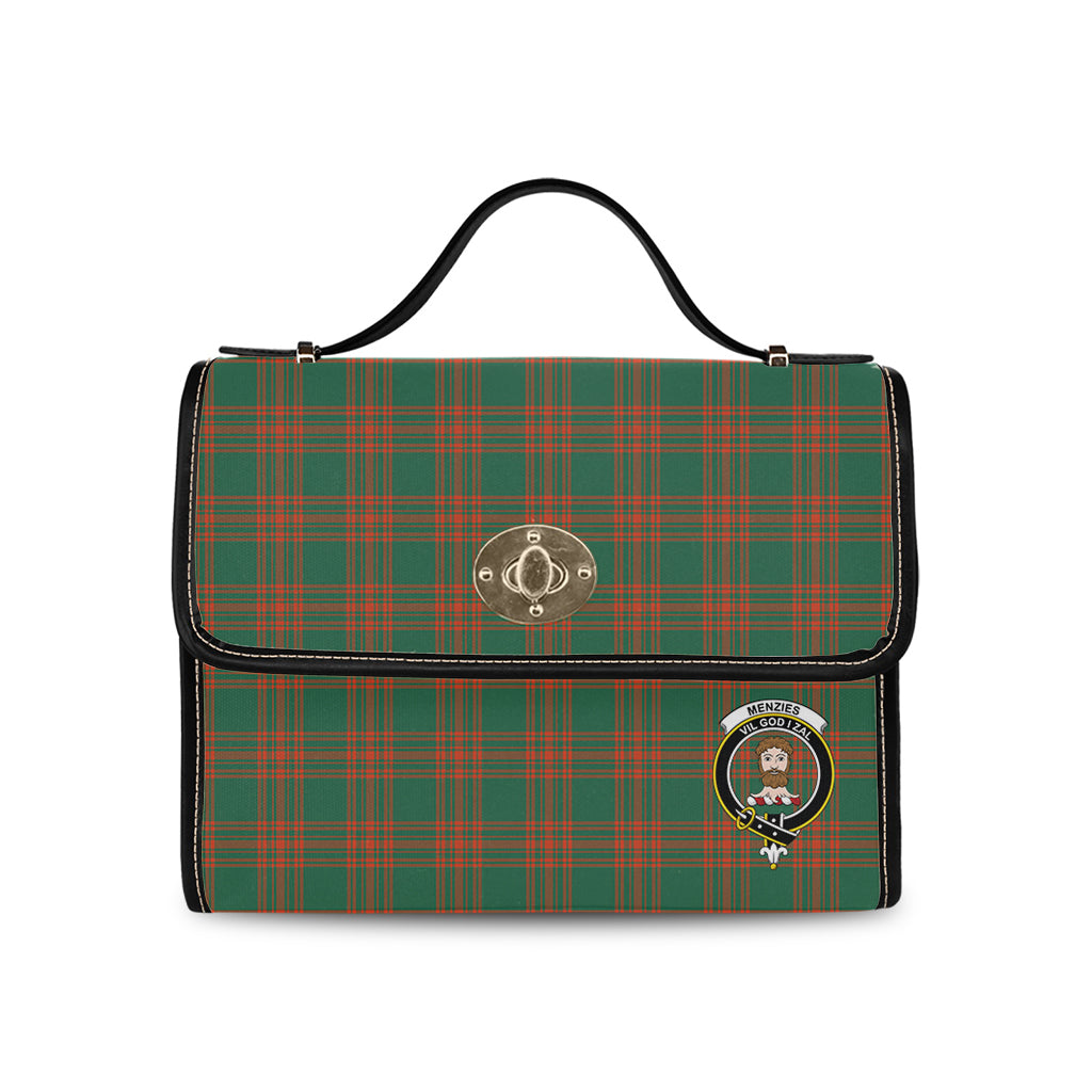 menzies-green-ancient-tartan-leather-strap-waterproof-canvas-bag-with-family-crest