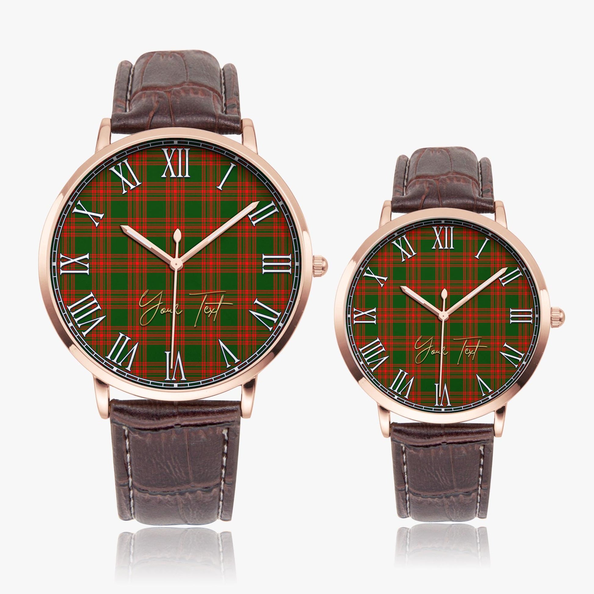 Menzies Green Modern Tartan Personalized Your Text Leather Trap Quartz Watch Ultra Thin Rose Gold Case With Brown Leather Strap - Tartanvibesclothing