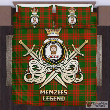 Menzies Green Modern Tartan Bedding Set with Clan Crest and the Golden Sword of Courageous Legacy