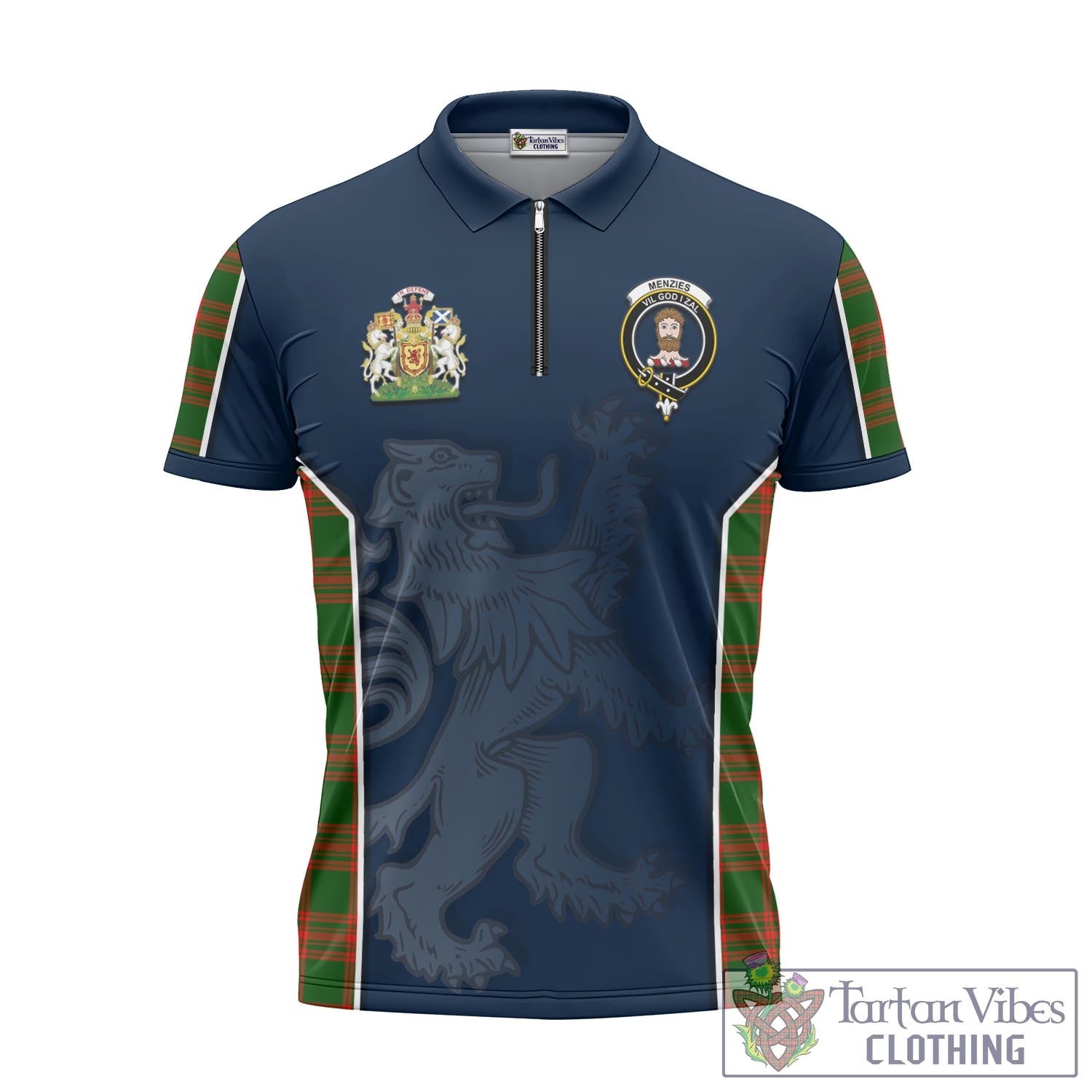 Tartan Vibes Clothing Menzies Green Modern Tartan Zipper Polo Shirt with Family Crest and Lion Rampant Vibes Sport Style