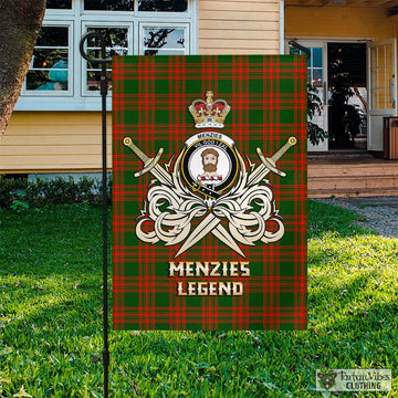 Menzies Green Modern Tartan Flag with Clan Crest and the Golden Sword of Courageous Legacy