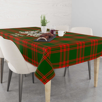 Menzies Green Modern Tartan Tablecloth with Clan Crest and the Golden Sword of Courageous Legacy