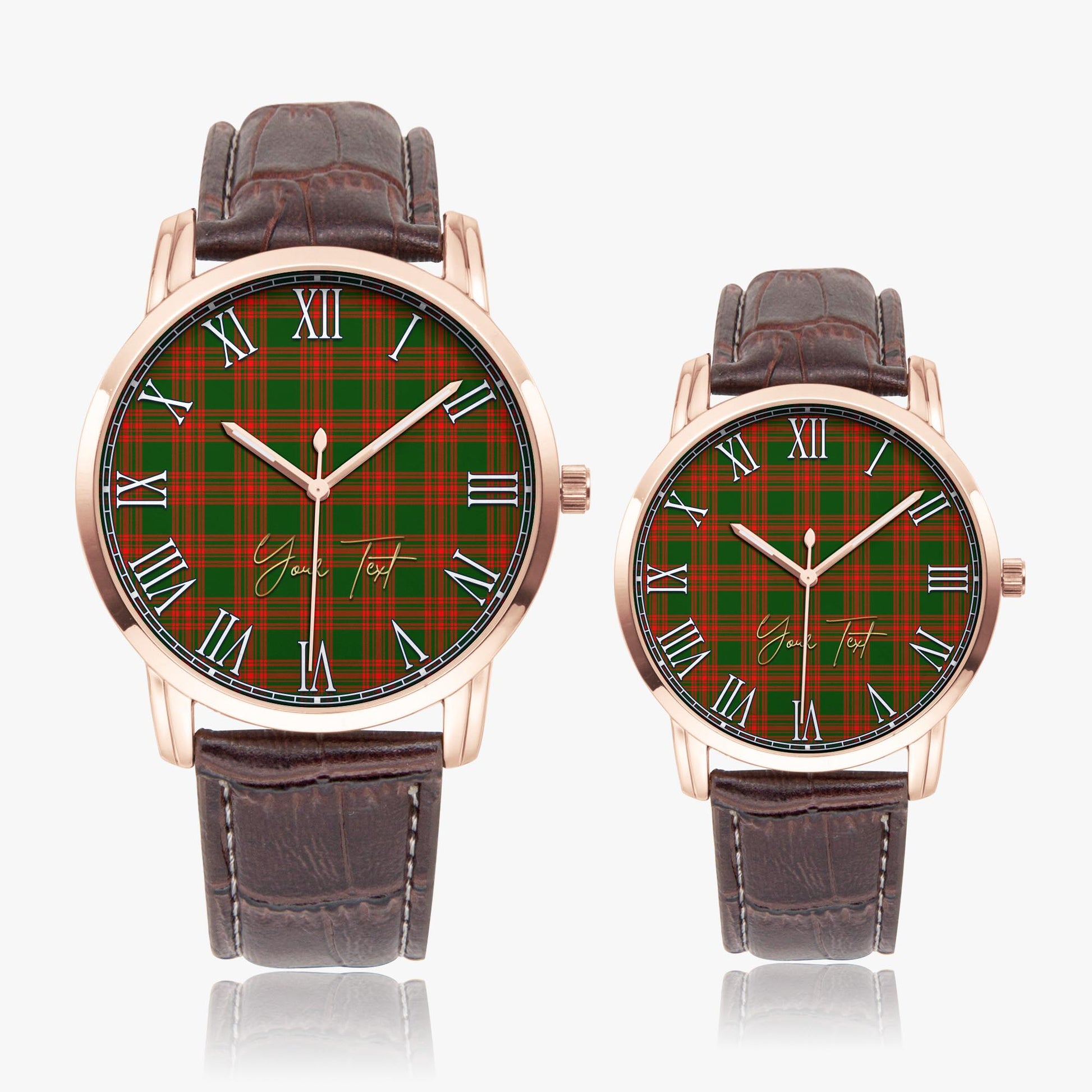 Menzies Green Modern Tartan Personalized Your Text Leather Trap Quartz Watch Wide Type Rose Gold Case With Brown Leather Strap - Tartanvibesclothing