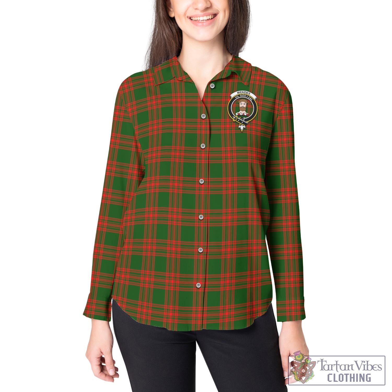 Tartan Vibes Clothing Menzies Green Modern Tartan Womens Casual Shirt with Family Crest