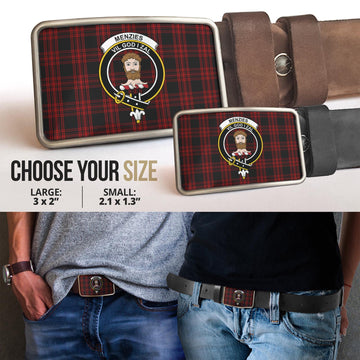 Menzies Hunting Tartan Belt Buckles with Family Crest