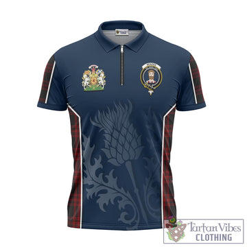 Menzies Hunting Tartan Zipper Polo Shirt with Family Crest and Scottish Thistle Vibes Sport Style