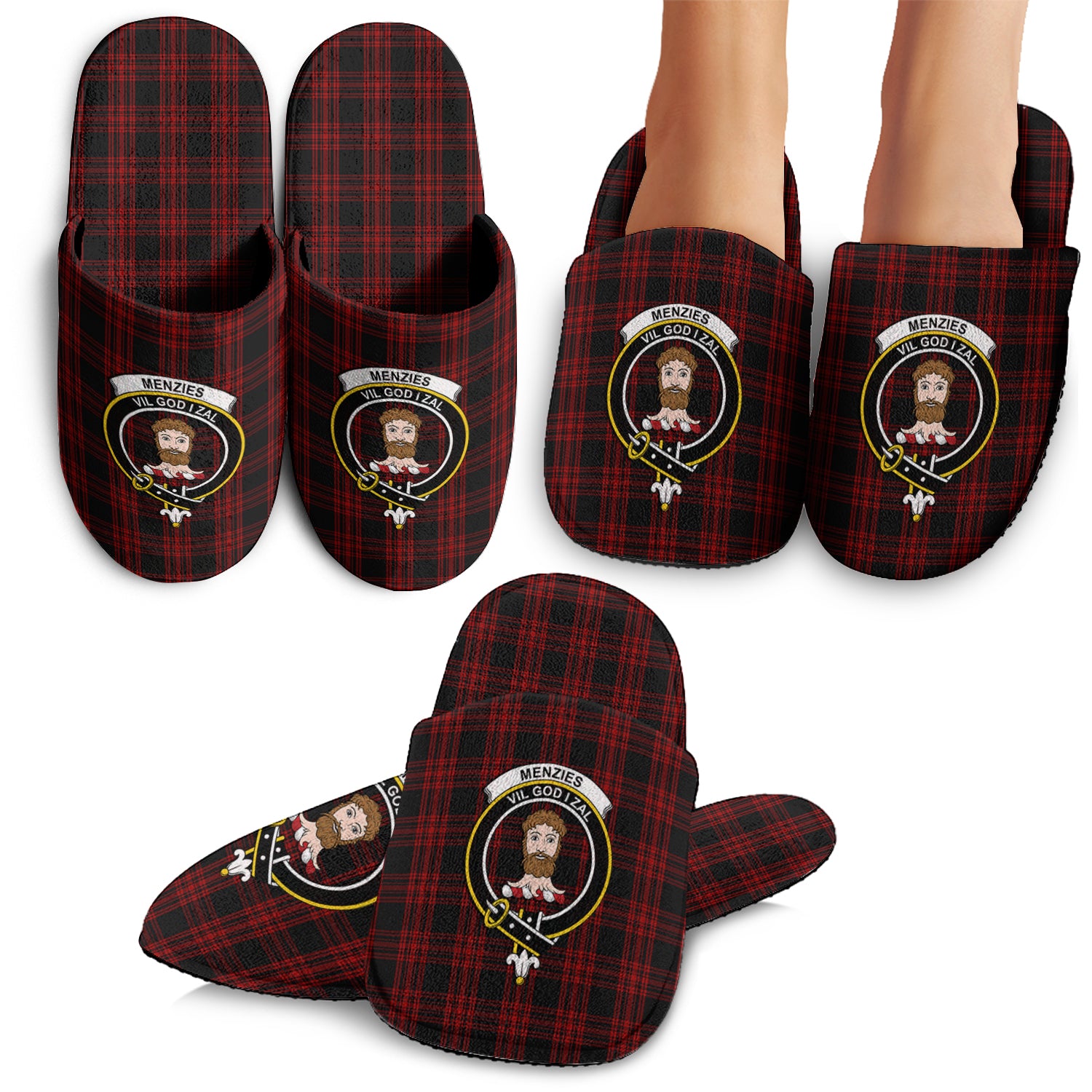 Menzies Hunting Tartan Home Slippers with Family Crest - Tartanvibesclothing Shop