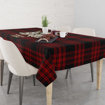 Menzies Hunting Tartan Tablecloth with Clan Crest and the Golden Sword of Courageous Legacy