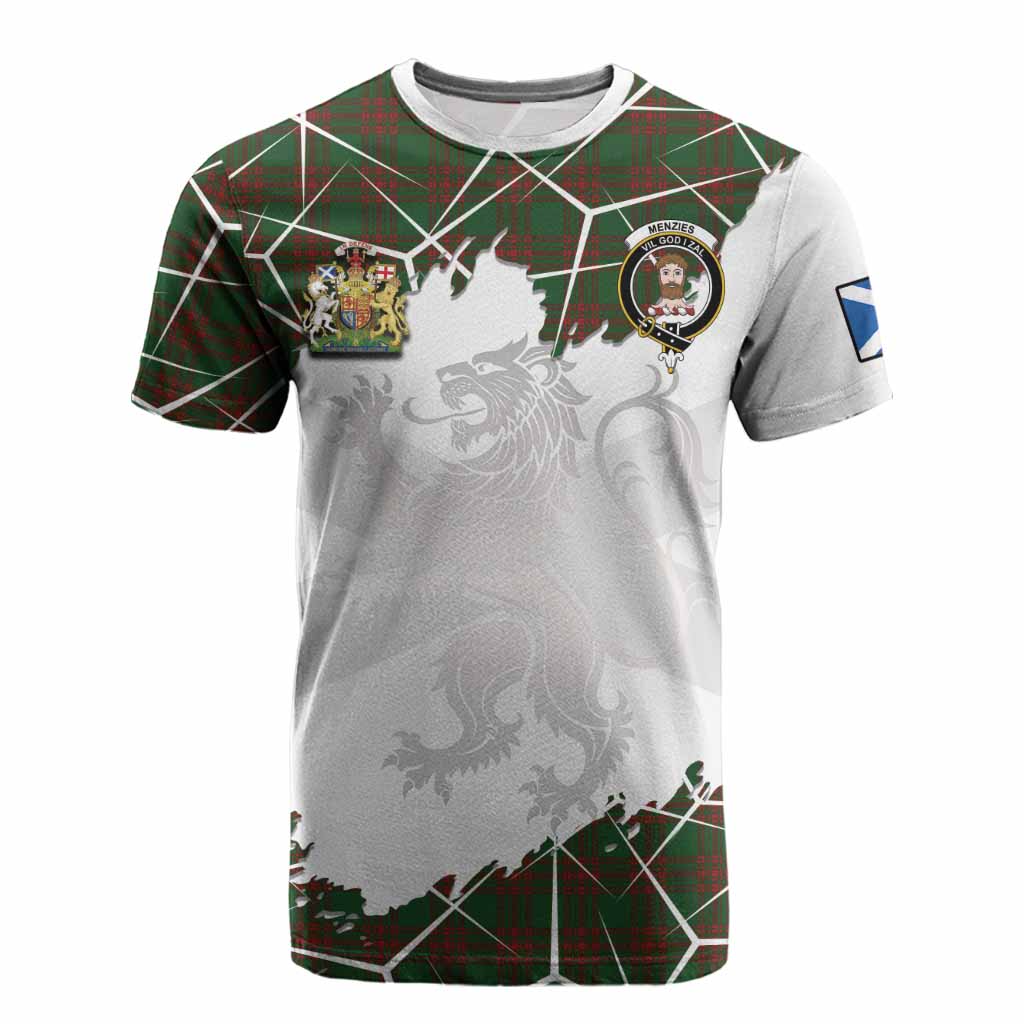 Menzies Tartan Cotton T-shirt with Family Crest and Lion Rampant Grunge Style