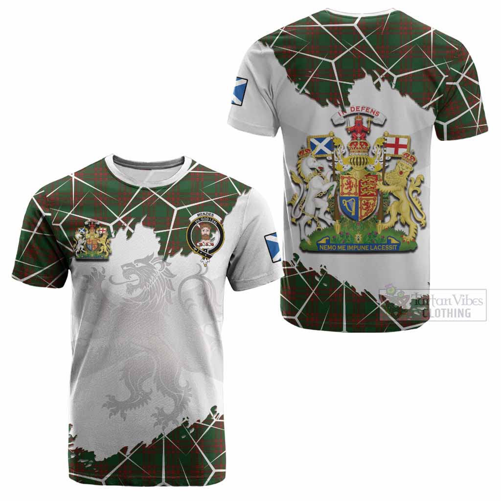 Menzies Tartan Cotton T-shirt with Family Crest and Lion Rampant Grunge Style