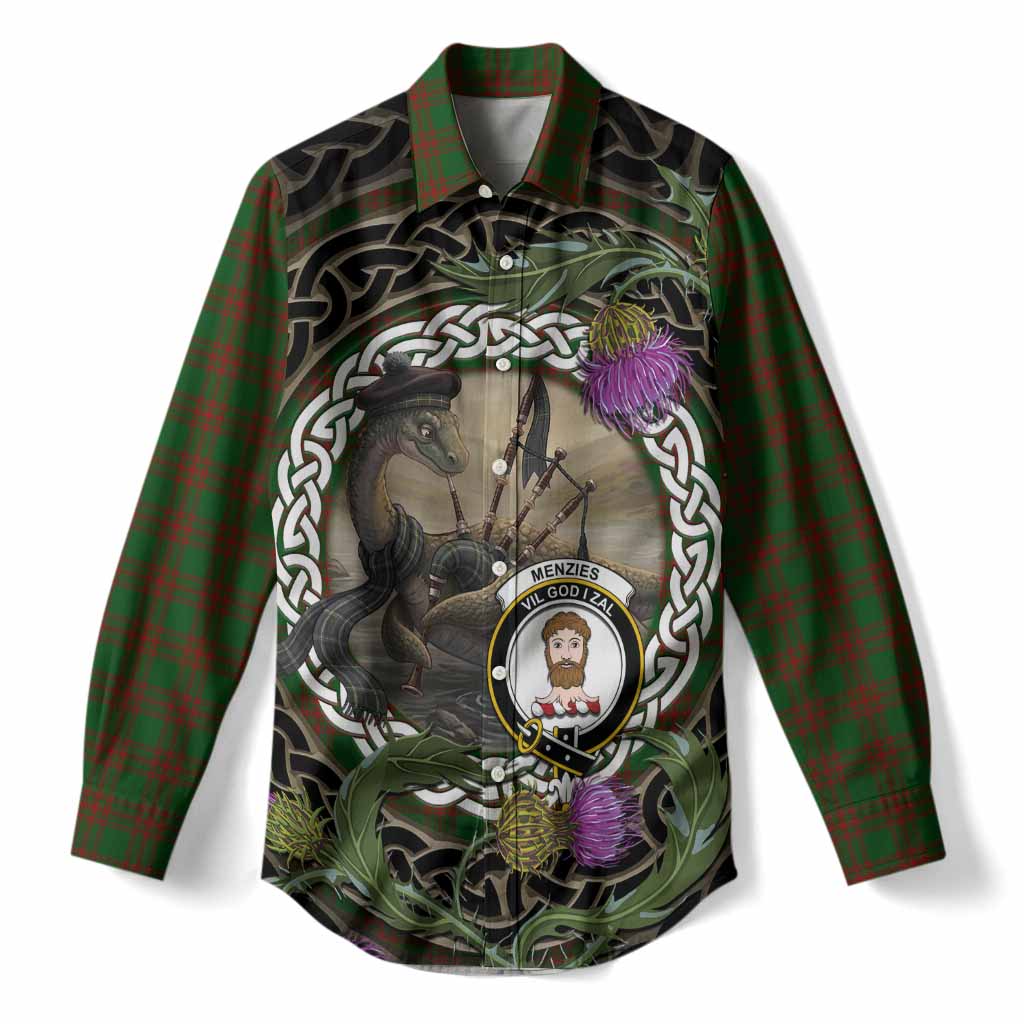 Menzies Tartan Crest Bagpipe Nessie Women Casual Shirt Scottish Loch Ness Monster Celtic Thistle