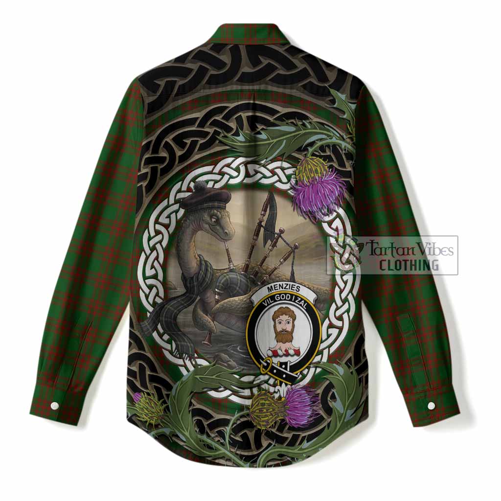 Menzies Tartan Crest Bagpipe Nessie Women Casual Shirt Scottish Loch Ness Monster Celtic Thistle