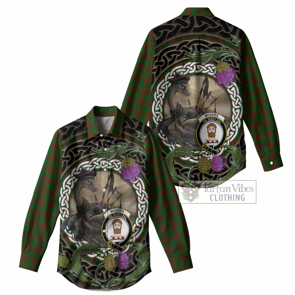 Menzies Tartan Crest Bagpipe Nessie Women Casual Shirt Scottish Loch Ness Monster Celtic Thistle