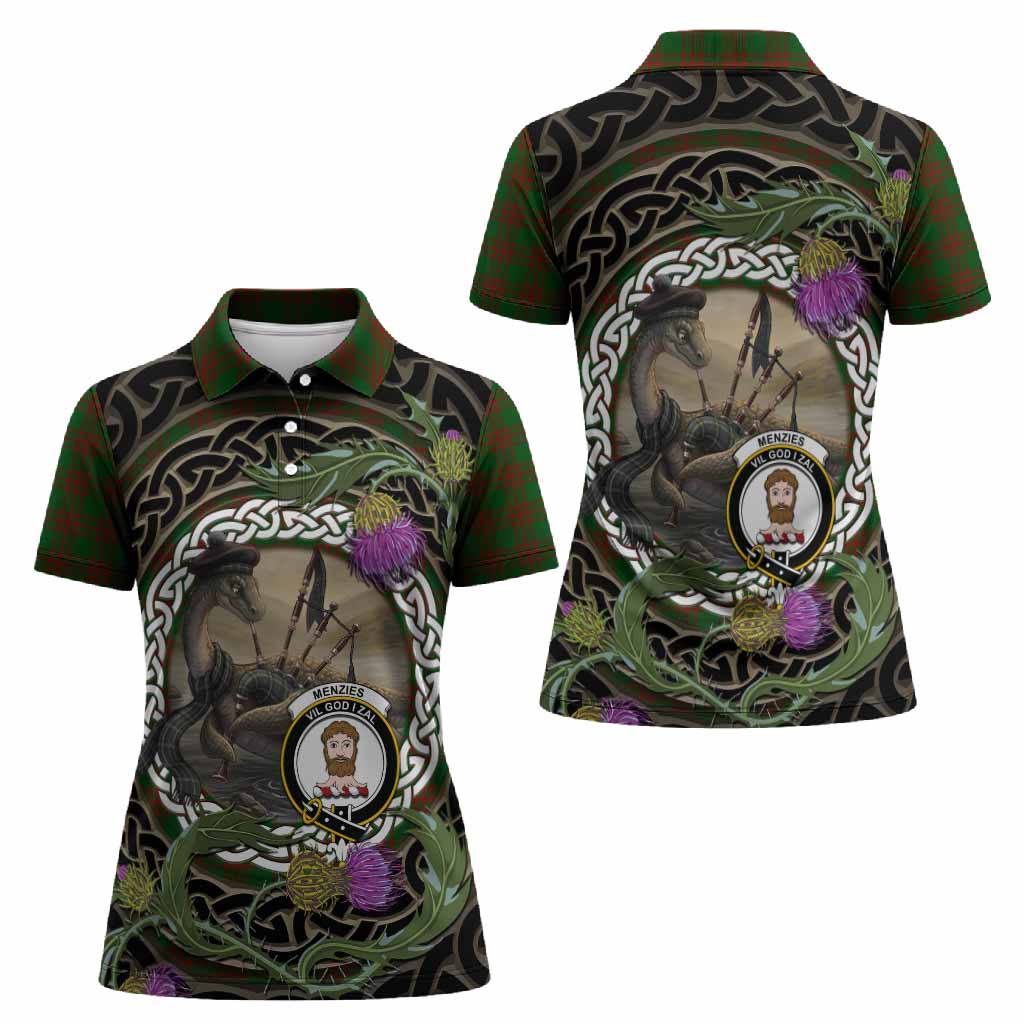 Menzies Tartan Crest Bagpipe Nessie Women Polo Shirt Scottish Loch Ness Monster Celtic Thistle