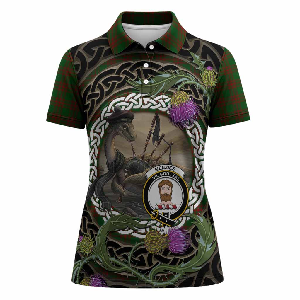 Menzies Tartan Crest Bagpipe Nessie Women Polo Shirt Scottish Loch Ness Monster Celtic Thistle