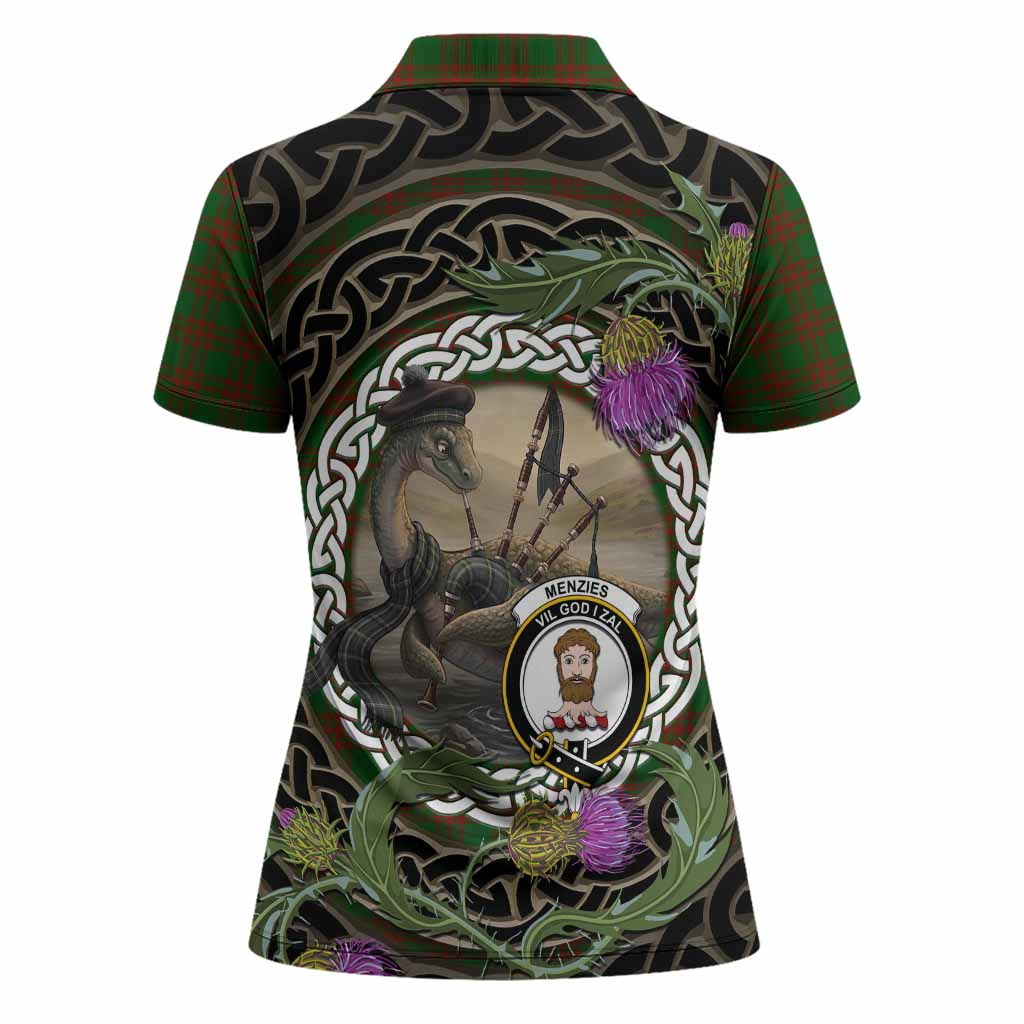 Menzies Tartan Crest Bagpipe Nessie Women Polo Shirt Scottish Loch Ness Monster Celtic Thistle
