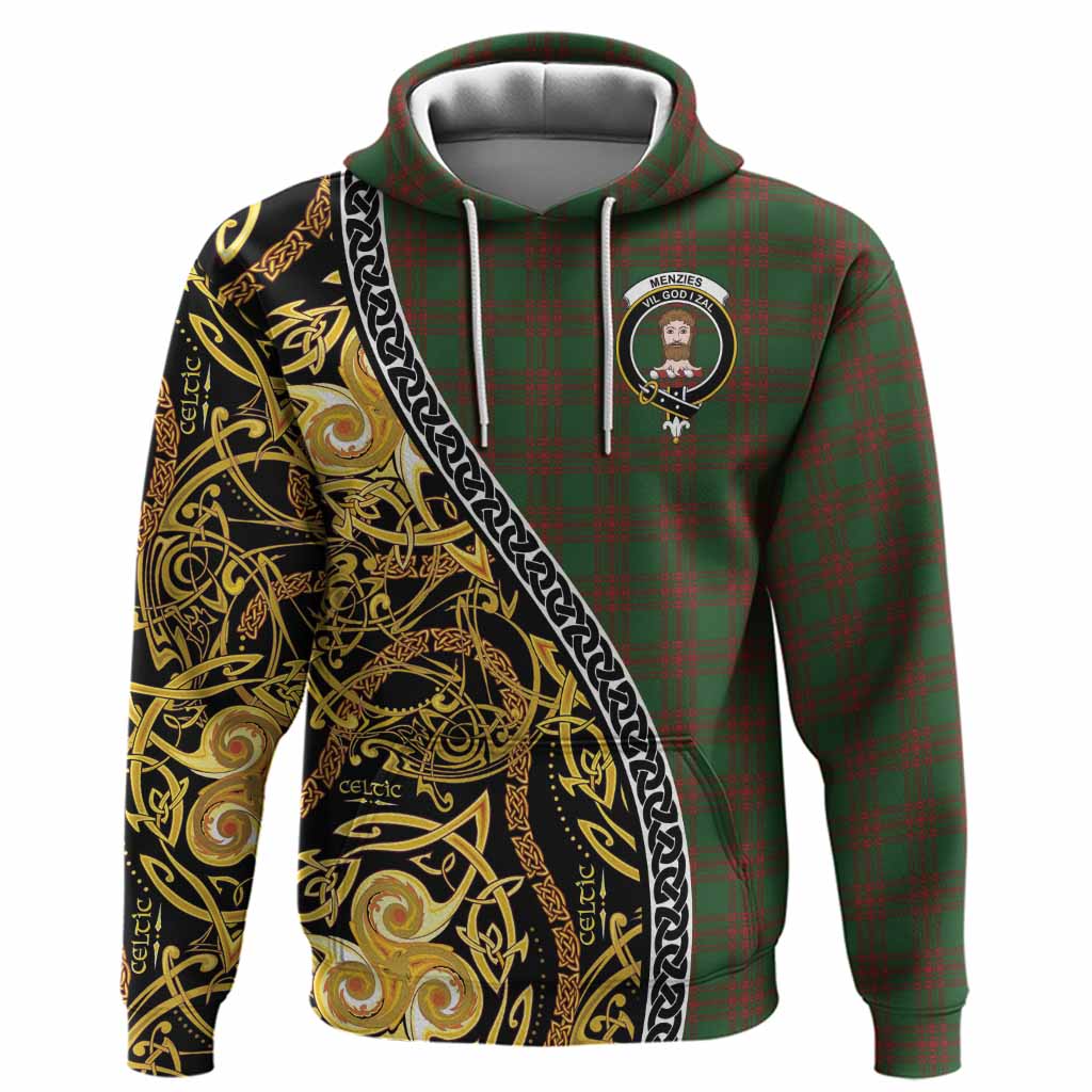 Menzies Tartan Crest Hoodie Celtic Knot and Triple Trickle Spiral Symbols