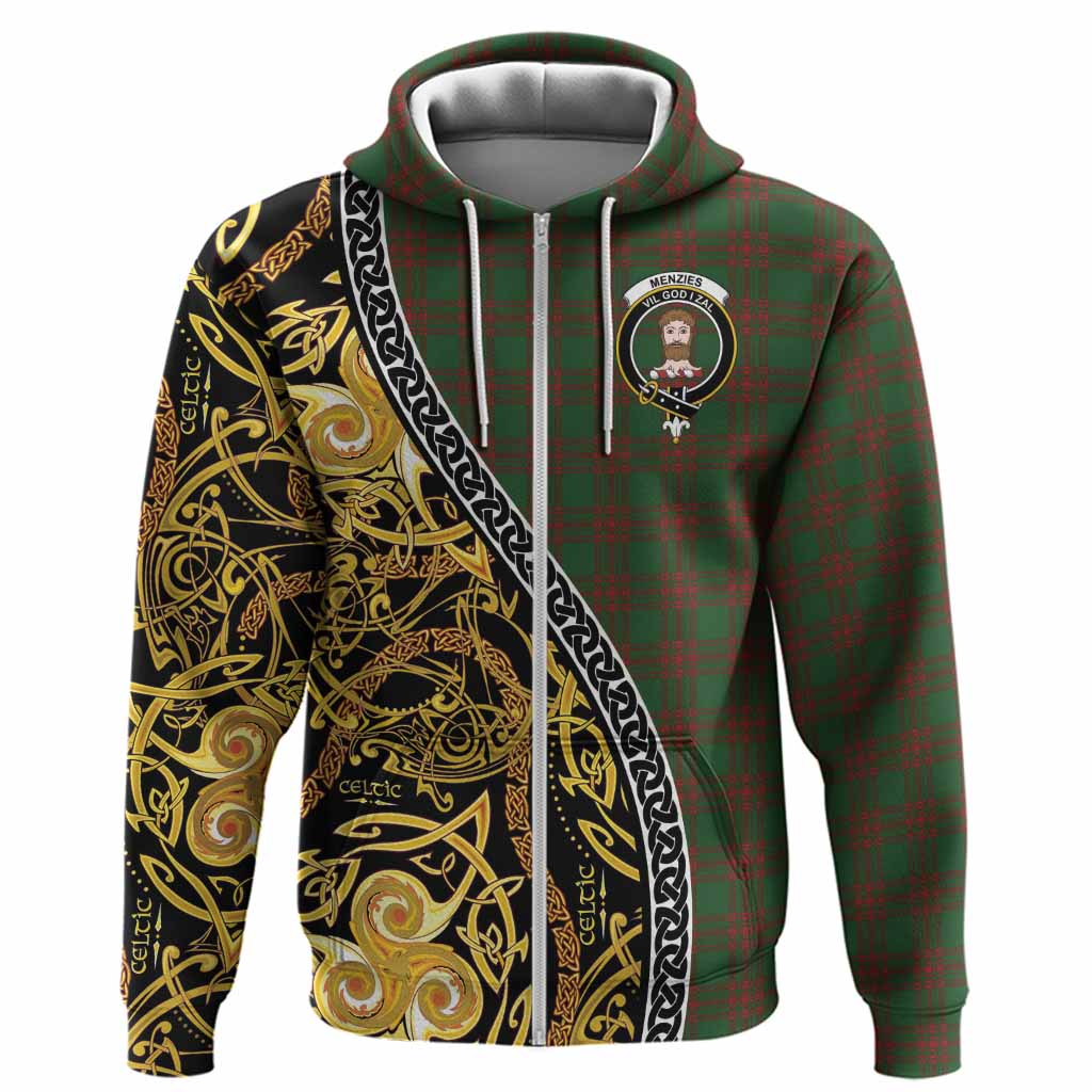 Menzies Tartan Crest Hoodie Celtic Knot and Triple Trickle Spiral Symbols