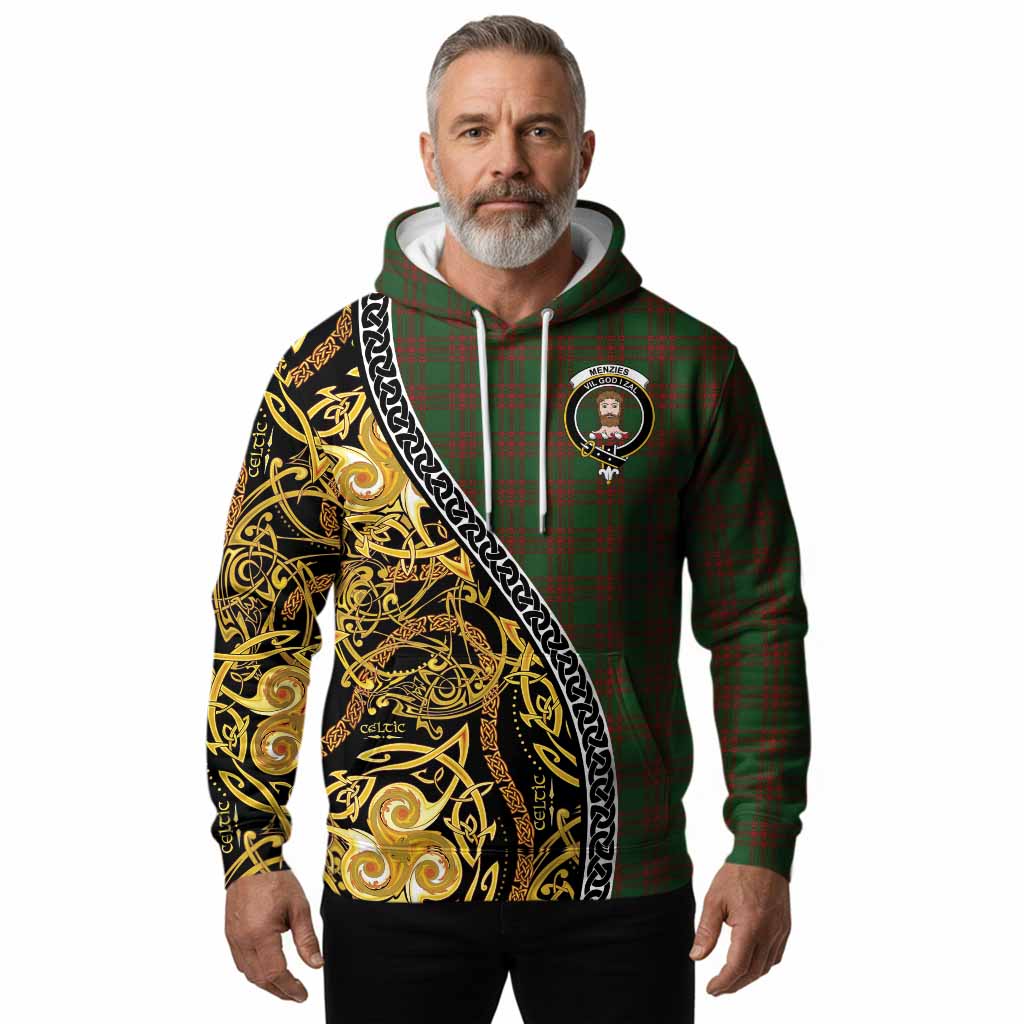 Menzies Tartan Crest Hoodie Celtic Knot and Triple Trickle Spiral Symbols