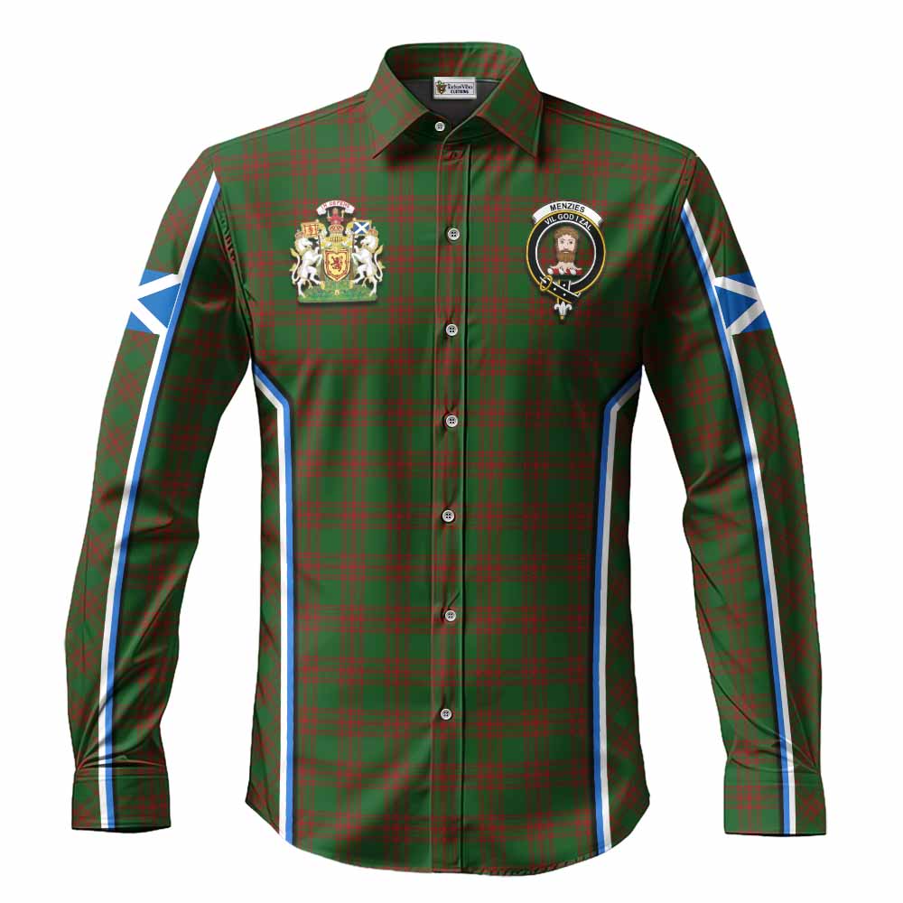 Menzies Tartan Crest Long Sleeve Button Shirts Scotland Coat of Arm Flag Style - Tartan Vibes Clothing