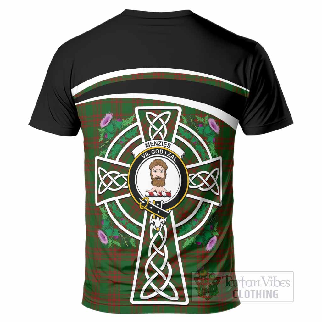 Menzies Tartan Crest T-Shirt Scottish Thistle Celtic Cross Alba Gu Brath