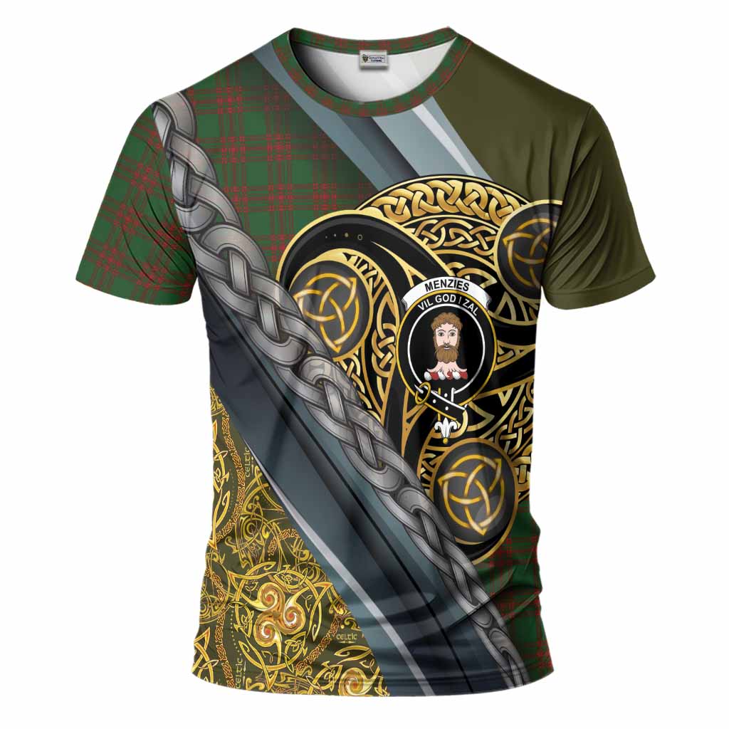 Menzies Tartan Crest T-Shirt Scottish Triskele Celtic