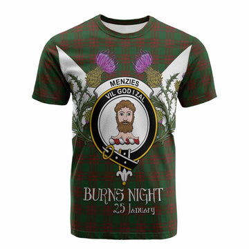 Menzies Tartan Family Crest Cotton T-shirt Scottish Burns Night Thistle Floral