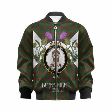 Menzies Tartan Family Crest Kid Bomber Jacket Scottish Burns Night Thistle Floral