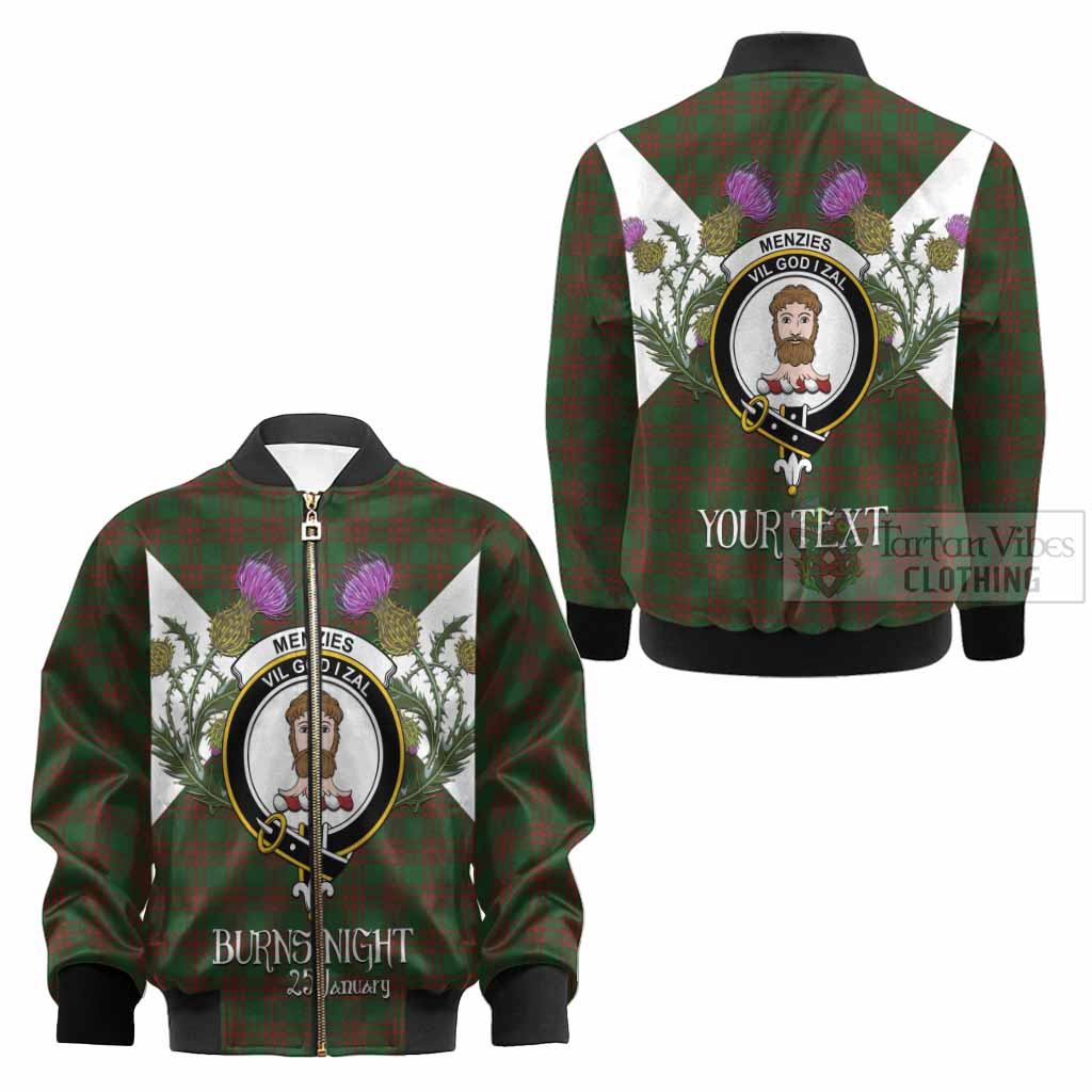 Menzies Tartan Family Crest Kid Bomber Jacket Scottish Burns Night Thistle Floral