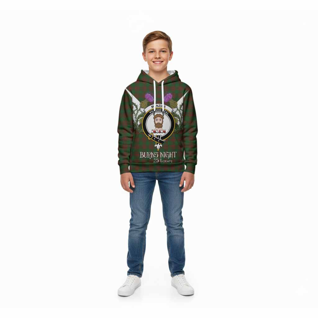 Menzies Tartan Family Crest Kid Hoodie Scottish Burns Night Thistle Floral