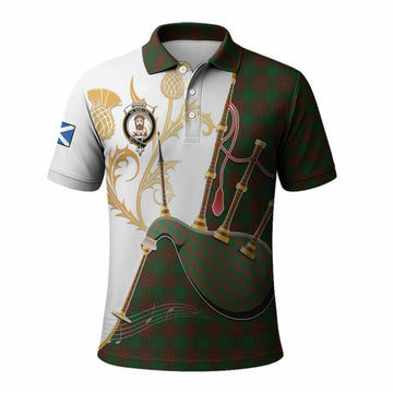 Menzies Tartan Family Crest Polo Shirt Bagpipes with Scottish Thistle