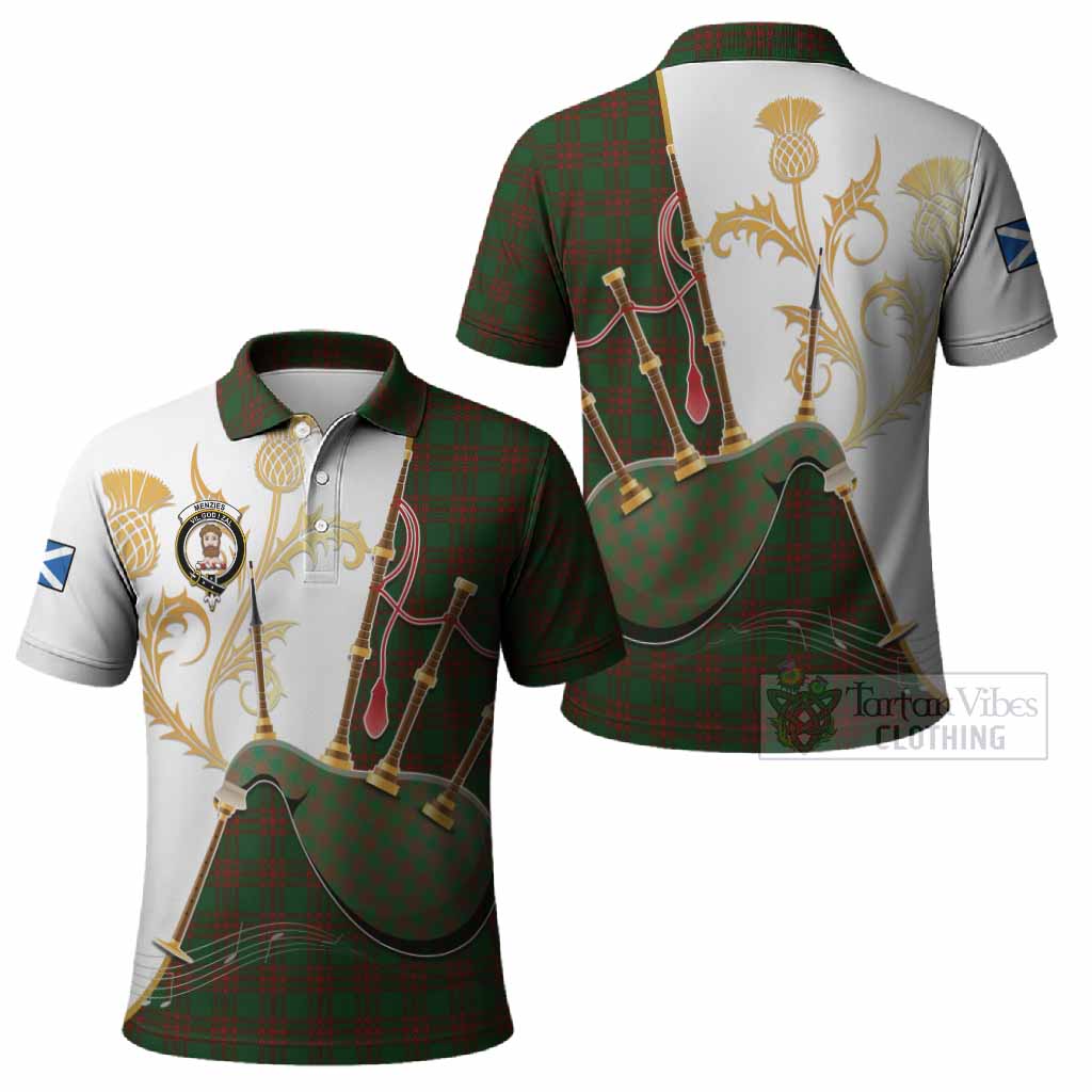 Menzies Tartan Family Crest Polo Shirt Bagpipes with Scottish Thistle